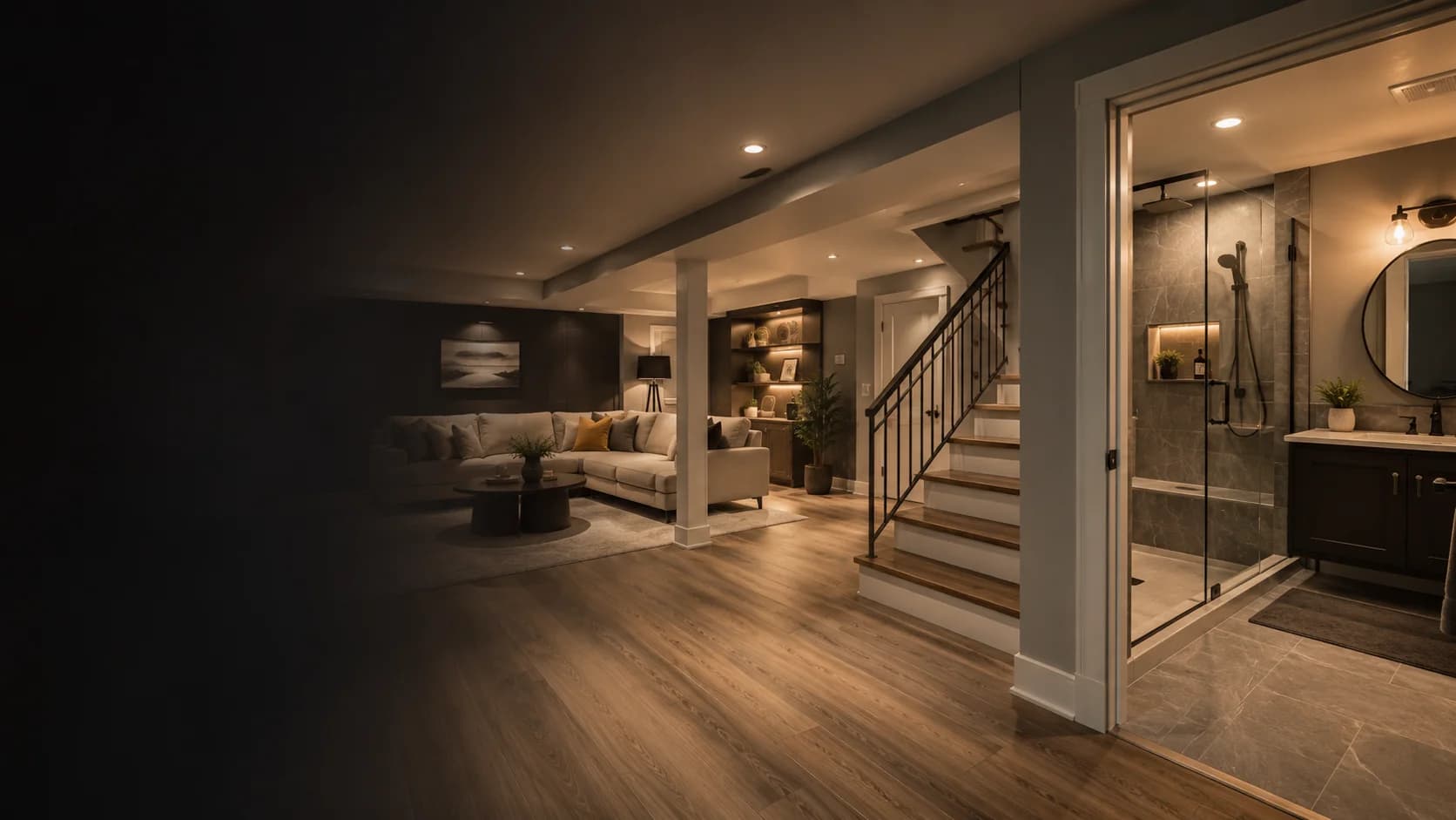 Professionally finished legal basement with living area and bathroom renovation — Go 4 Global X Renovations, Kitchener-Waterloo